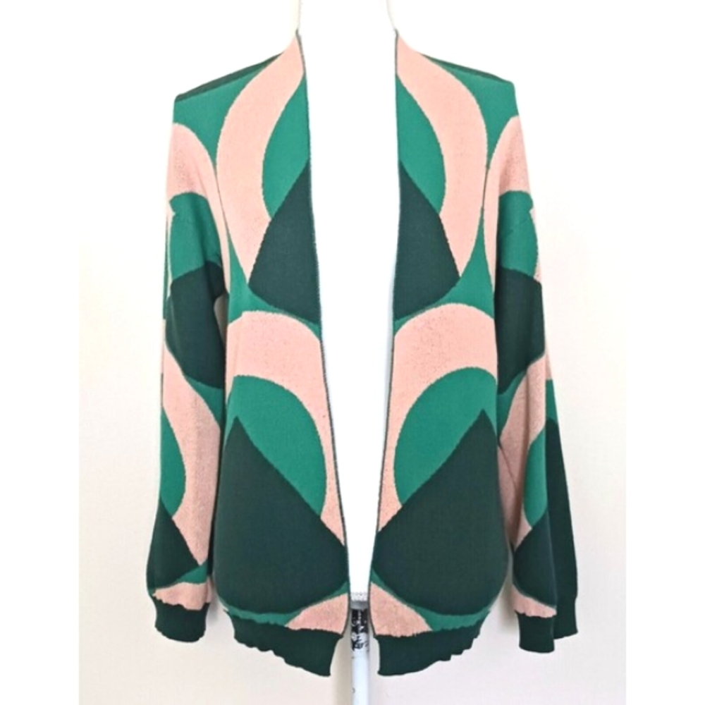 Anonyme Designers Italian Knit Open Cardigan Pink Green Geometric Sz 2 XS
